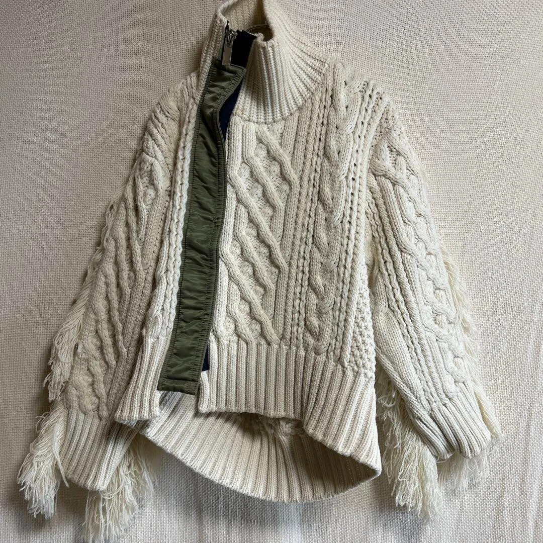Sacai Frange Cable Knit Blouson Docking Jacket avorio donna taglia F raro JPN.
