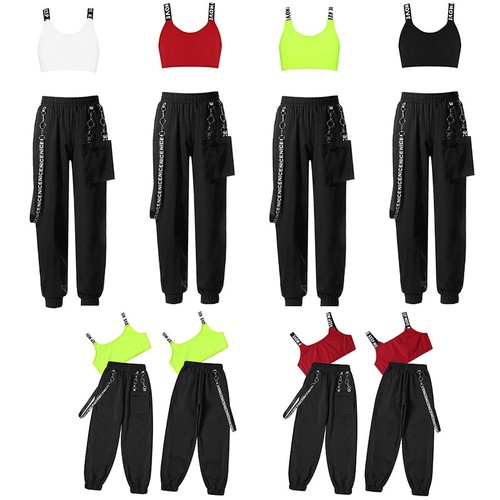 Kids Girls Crop Top With Pants Gym Dance Outfit Hip-Hop Sports Suit Metal Chain - Picture 6 of 44