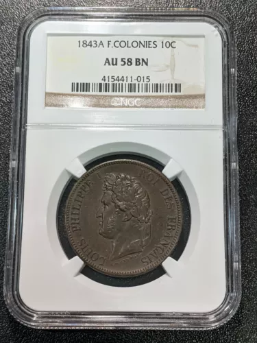 1843 A AU58 BN French Colonies 10 Centimes NGC KM 13 Marquesas Islands Polynesia