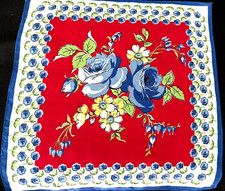 CLASSIC 1950S BOLD, BRIGHT, LADIES HANDKERCHIEF, RED W/BLUE ROSES, RED CENTER