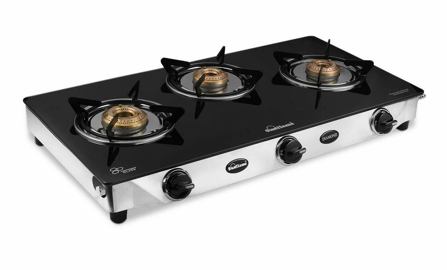 Sunflame Diamond Glass Glass Top 3 Burner Gas Stove Free Hose Pipe