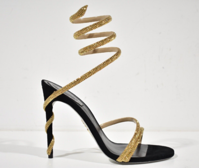 Rene Caovilla Margot Black Gold Crystal Ankle Wrap Strap Sandal