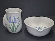 Neher Studio Art Pottery Hand Warmer Mug  Bowl Blue Iris Signed 2002  2003