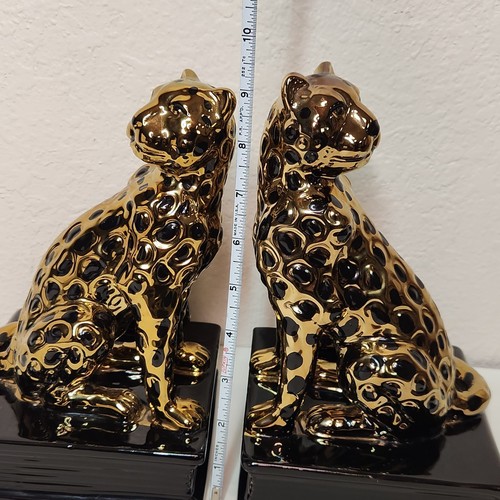 PAIR Rare Gold & Black Ceramic Leopard Big Cat Bookends Cheetah Jaguar Vintage - Picture 7 of 7