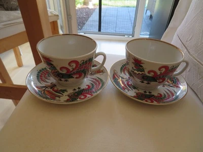 814* Lomonosov Porzellan A.Worobjevski 2x Teetasse/ Untertasse „2 Hähne“ 350ml - Bild 1 von 4