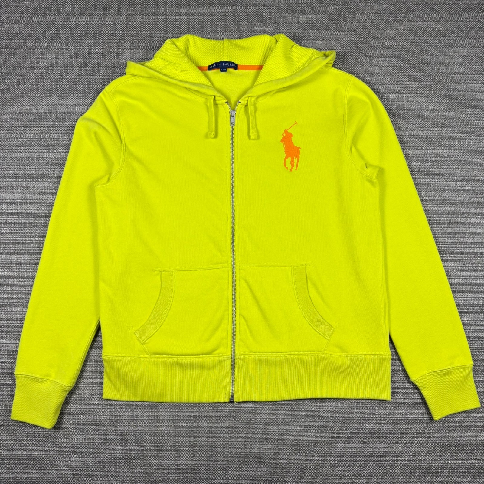 Ralph Lauren donna felpa con cappuccio XL giacca zip giallo fluorescente fluorescente big pony