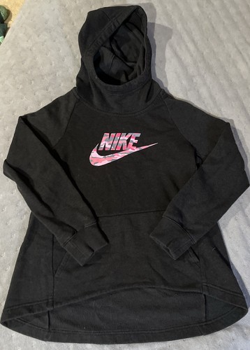 Nike Sweater Girls Size XS Black Fleece Camo Logo Hoodie Pockets Pullover