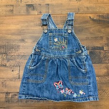VTG OshKosh Bgosh Girls Denim Overall Jumper Dress Butterfly Sun Embroidered 12M