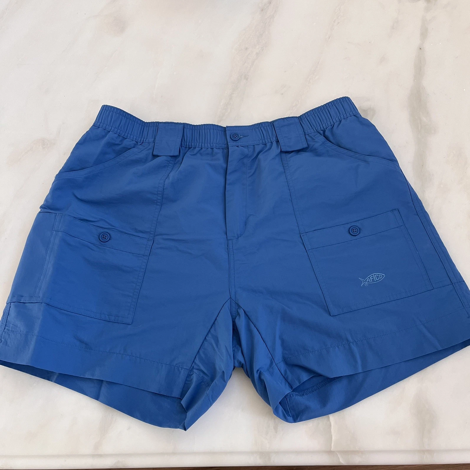AFTCO Original Nylon Cargo Fishing Shorts Men 38 Blue Embroidered Logo 6" Inseam