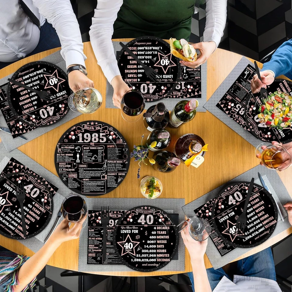 96 piezas platos y servilletas de cumpleaños 40 para mujer en 1985 decoraciones de fiesta rosa Foto 4 de 4