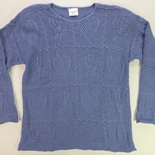 Vintage Peggy's Sweater One Size Blue Hearts Flowers Block All Over Knit Acrylic