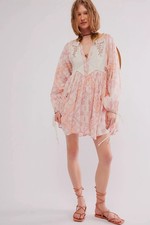 Free People Day Dreaming Swing Mini Dress Pink White Embroidered Small EUC