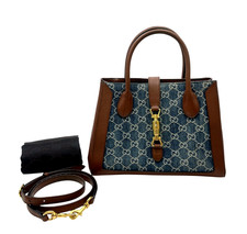 Auth GUCCI Jackie GG Denim Navy Brown 2Way Handbag/Shoulder Bag W/Dbag NS031159