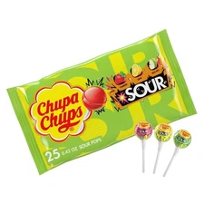 Chupa Chups SOUR Lollipops, Variety Pack, Lemon, Strawbery  - Bag of 25