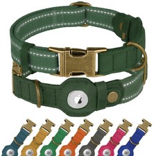 Reflective Leather Dog Collar with AirTag Holder - Soft Apple Airtag Dog Coll...