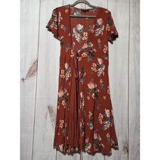 Lulus Rust Floral Print Wrap Midi Dress Womens Small Short Sleeve V-Neck Rayon