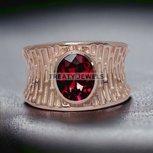 Authentic Garnet Oval Cut With 925 Sterling Silver Gold Plated Ring For Men's #708