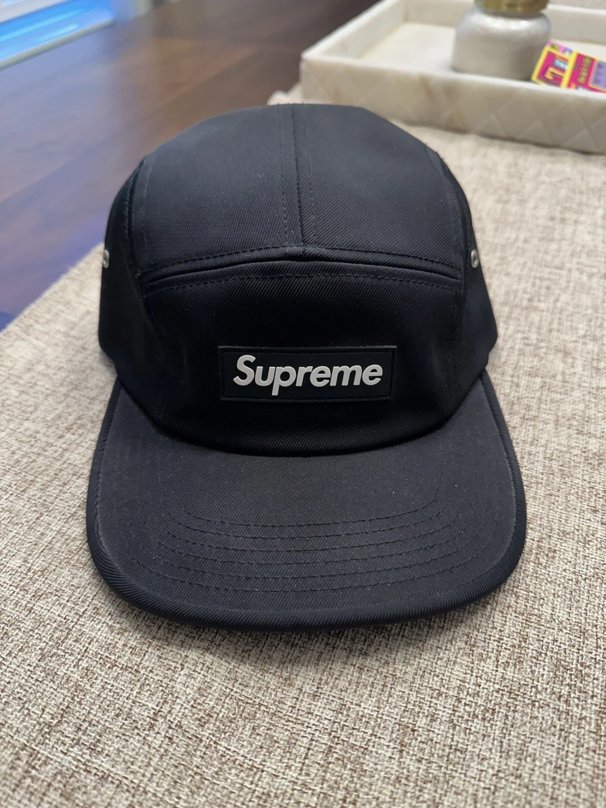 Chapeau de camp Supreme logo caoutchouc noir SS13 taille unique fabriqué aux États Unis