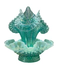 Rare Fenton Hobnail Opalescent Sea Green Turquoise 3 Horn Epergne