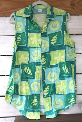 Vtg Benetton Wm. M Lime Green Knit Cotton Blouse Slvls Pearl Btn Dwn Italy AsIs