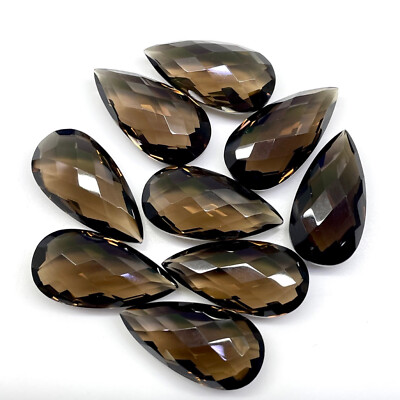 9 Pcs Natural Smoky Quartz 26x13mm Pear Checkerboard Cut Loose Gemstones Lot