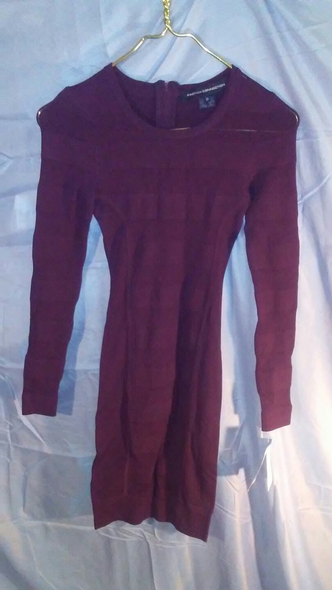 French Connection Long Sleeve Stretch Bandage Bodycon Dress Purple sz 0 NWT