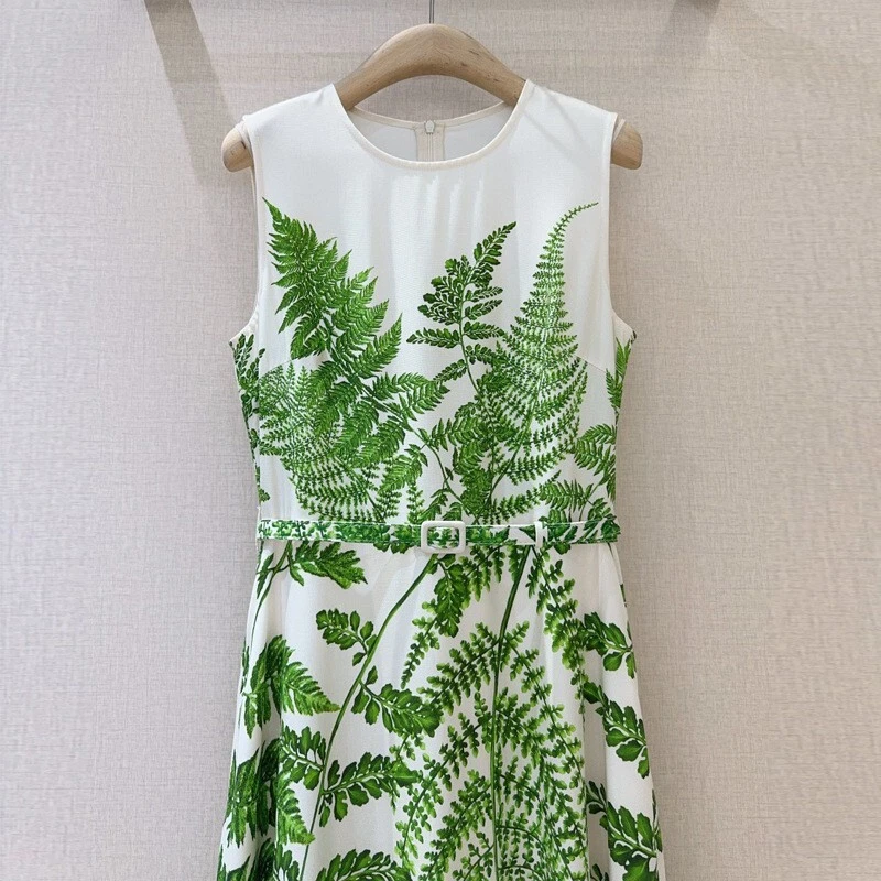 Wholesale 2025 European Summer Green leaf print Runway Cotton holiday Dress