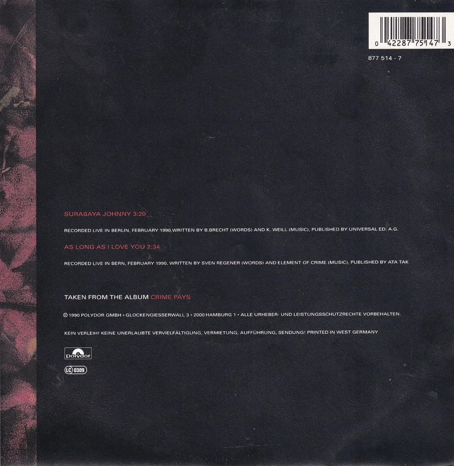 Element Of Crime - Surabaya Johnny - 7"-Vinyl-Single-524- near mint - Bild 2 von 3