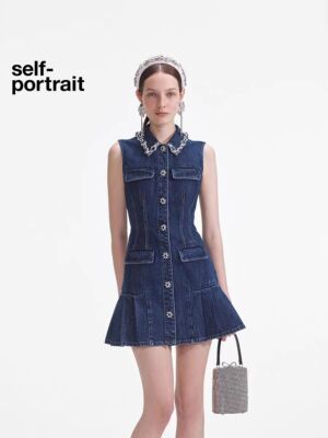 Self-Portrait rhinestone lapel sleeveless single-breasted bouffant Denim dress