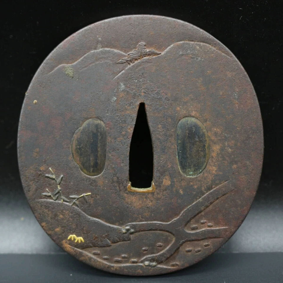 Antique Signed Brass Inlay Tsuba Japanese Samurai Bushido SwordKatana fromJapan - Image 3 of 4