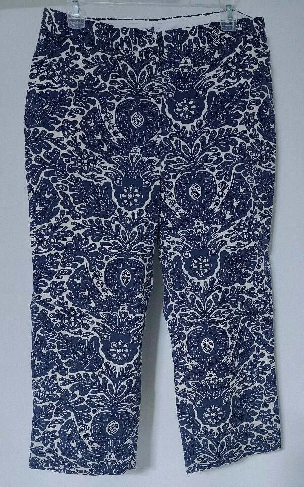 Women's Sz 10 Lands End Dark Navy Blue Paisley Capri Chino Pants Cotton