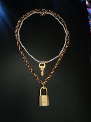 2 Necklaces & 1 Authentic Louis Vuitton Gold Tone Padlock Lock Key 