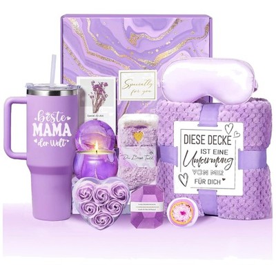 Muttertagsgeschenk Geschenkkorb Geschenkset Glasbecher Kuscheldecke Wellness