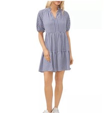 ⚡️CeCe Tiered Mini Dress Short Sleeve Babydoll White Blue Gingham Small
