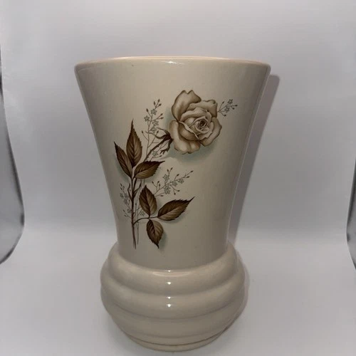 Vintage McCoy Antique Brown Rose Pattern Pottery Vase Appx 9” Tall Cream/ivory