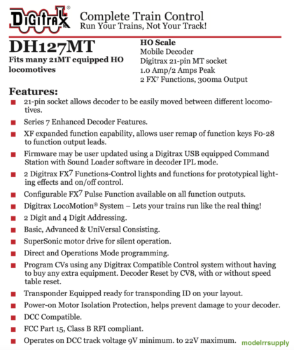 Digitrax DH127MT DCC Mobile Decoder 21-pin plug - 21MTC - replaced DH126MT - NEW - Picture 2 of 4