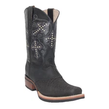 Men’s Leather Square Toe Cross Embroidered Mid Calf Black Boot