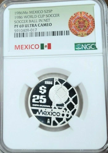 1986 MEXICO SILVER 25 PESOS SOCCER BALL IN NET NGC PF 69 ULTRA CAMEO TOP POP