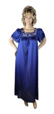 Vintage Lorraine Blue Antron III Nylon Floral Embroidered  Lace Nightgown Small