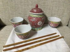 Asian lot-  Chinese porcelain ginger jar longevity 4.5"- 3 Tea Cups- 3 chopst