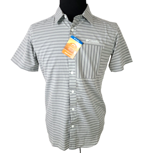 Columbia Short Sleeve Shirt Mens Small Gray Stripe Wicking UPF 30 Fish Outdoor