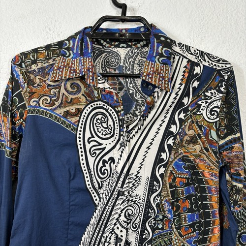 Etro Top Womens Size M Blue Paisley Cotton Button Long Sleeve *missing button - Picture 2 of 10