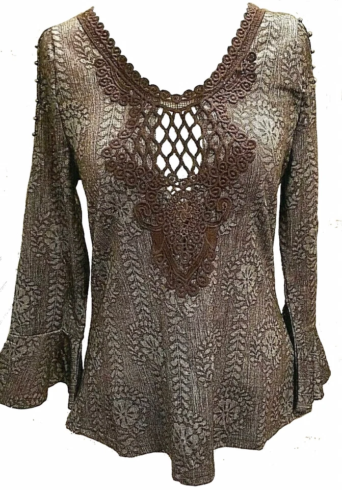 Pretty Angel Mujer Hombro Frío Manga Larga Campana Encaje Mediano Marrón Astilla Nuevo