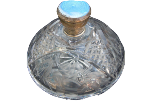 19th Blue Enameled Crystal Bottle Flower Decor Guilloche Silver Cap - Picture 1 of 9