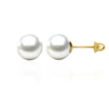 14k Yellow Gold Round Genuine White Pearl Stud Earrings Screw Back
