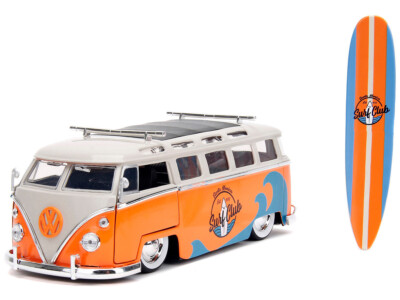 Jada 1962 Volkswagen Bus Orange & White w/Surfboard 1/24 Diecast