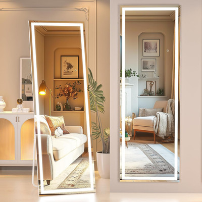 LED Full Length Mirror with Lights, 56''x15.8'', Black Standing or Hanging