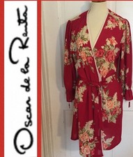 Oscar de La Renta Red Floral Vintage Pink Label Sz Med Robe; No Belt, W/Pockets