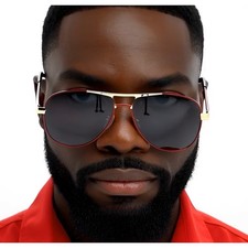 Men's Fashion Sunglasses Red Metal Frame Gold Accents Dark Lenses Sophisticated