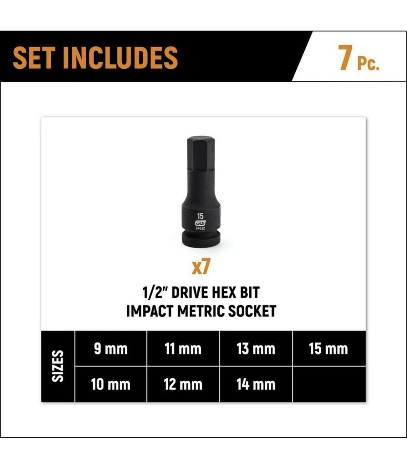 GEARWRENCH (84940) 7 Piece 1/2" Drive Metric Impact Hex Bit Socket Set - Image 2 of 4